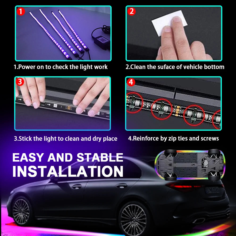 Striscia luminosa flessibile per auto a LED sottoscocca con controllo remoto tramite APP, luci al neon RGB, decorazione per auto, lampada per atmosfera ambientale