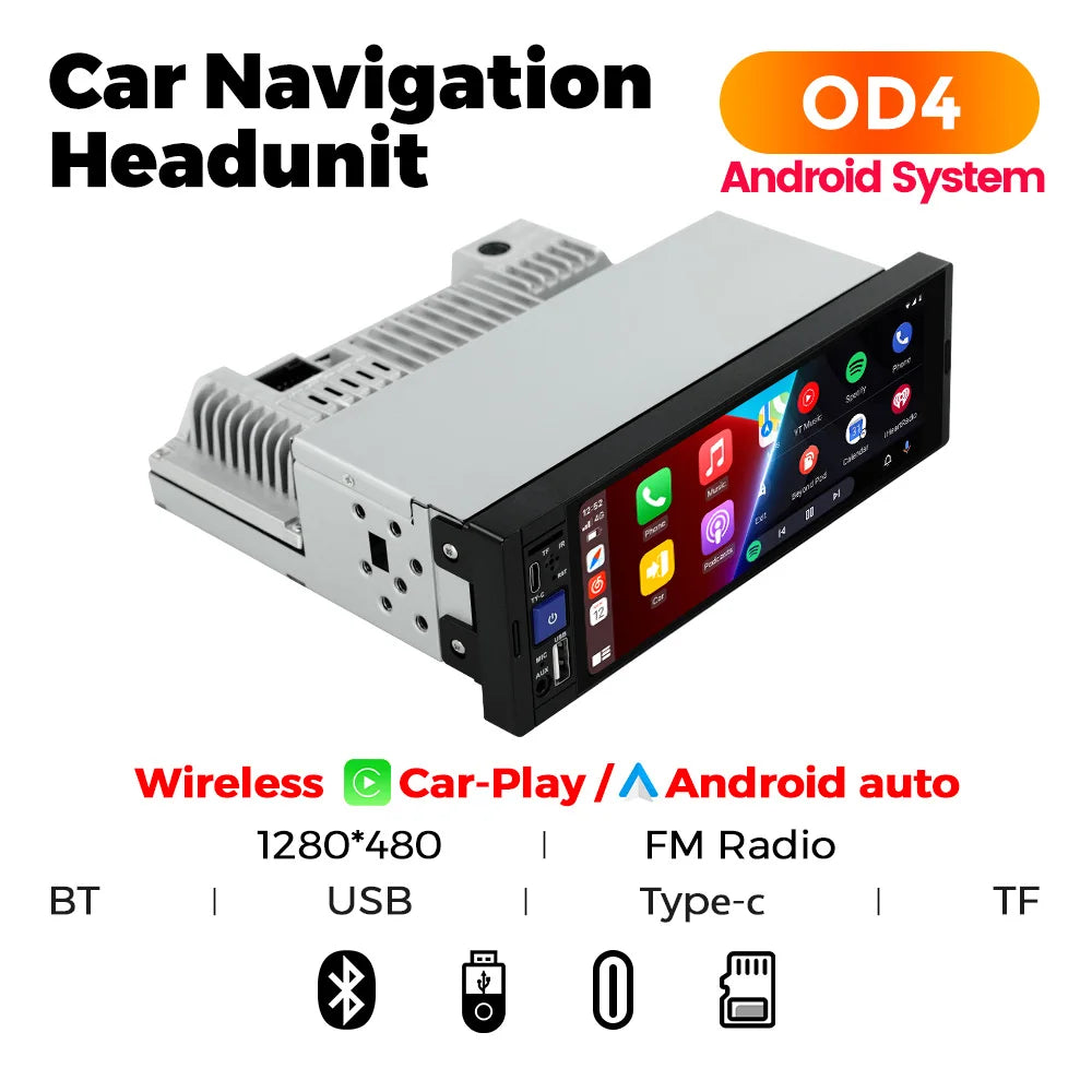 1Din Car Radio Multimedia Player MP5 Player con CarPlay (cablato e wireless), Android Auto, BT, FM, Mirror Link