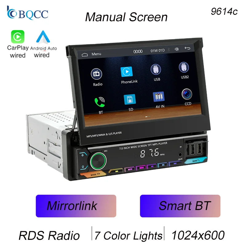 Autoradio 1 Din MP5 con Schermo Retrattile da 7"