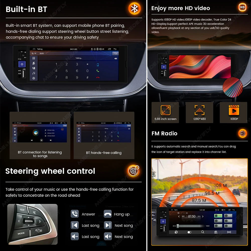 1Din Car Radio Multimedia Player MP5 Player con CarPlay (cablato e wireless), Android Auto, BT, FM, Mirror Link