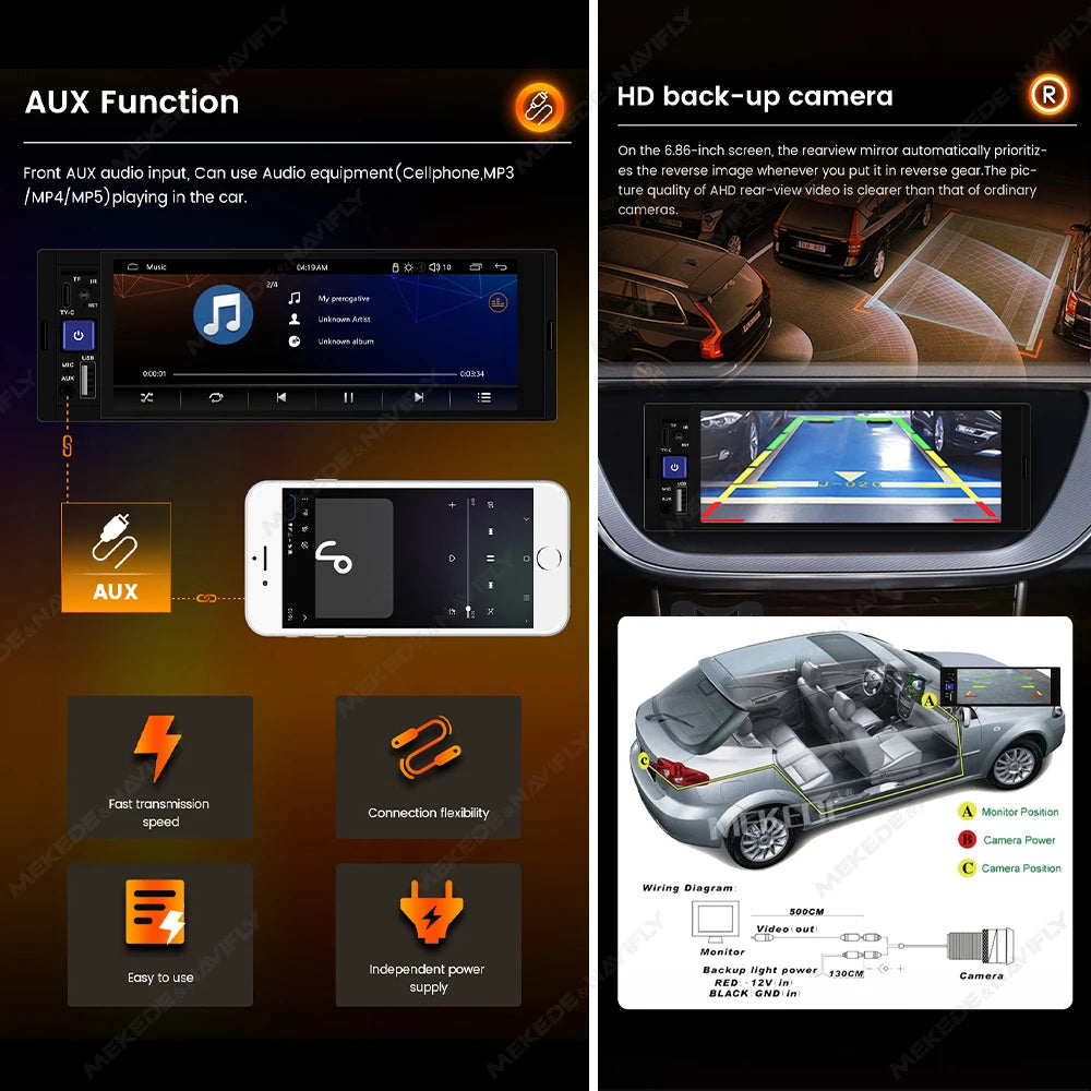 1Din Car Radio Multimedia Player MP5 Player con CarPlay (cablato e wireless), Android Auto, BT, FM, Mirror Link