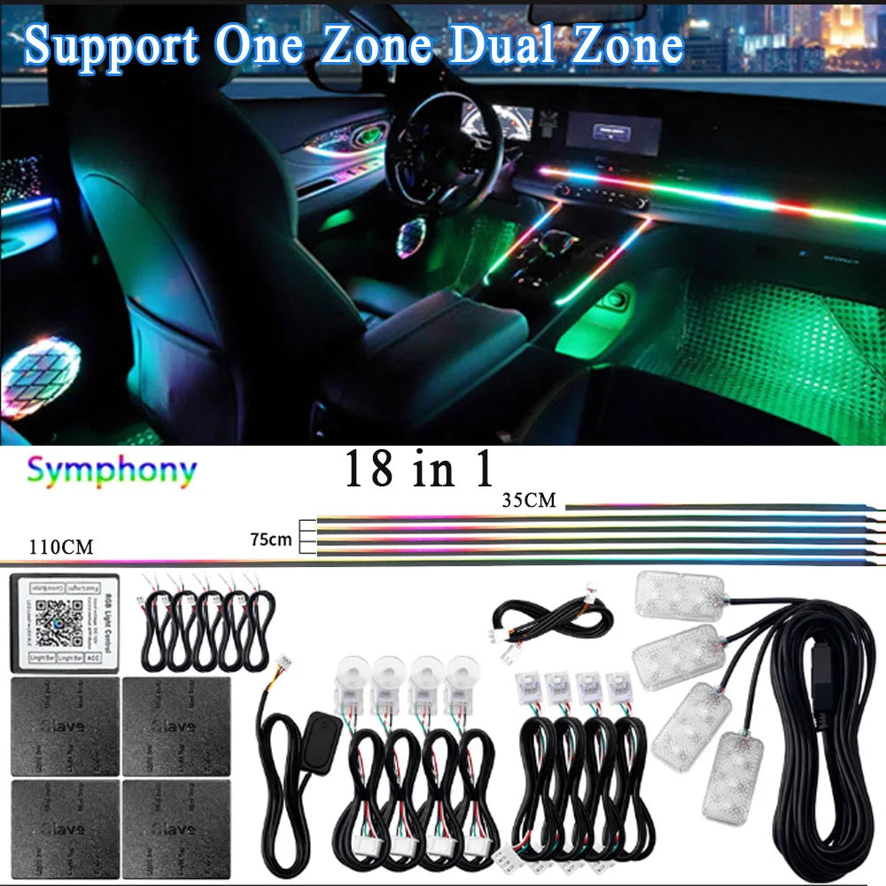 Luce Ambiente Acrilica LED per Auto RGB - 14/18 in 1 213 Colori - Modalità Symphony - Controllo APP - Una/Due Zone