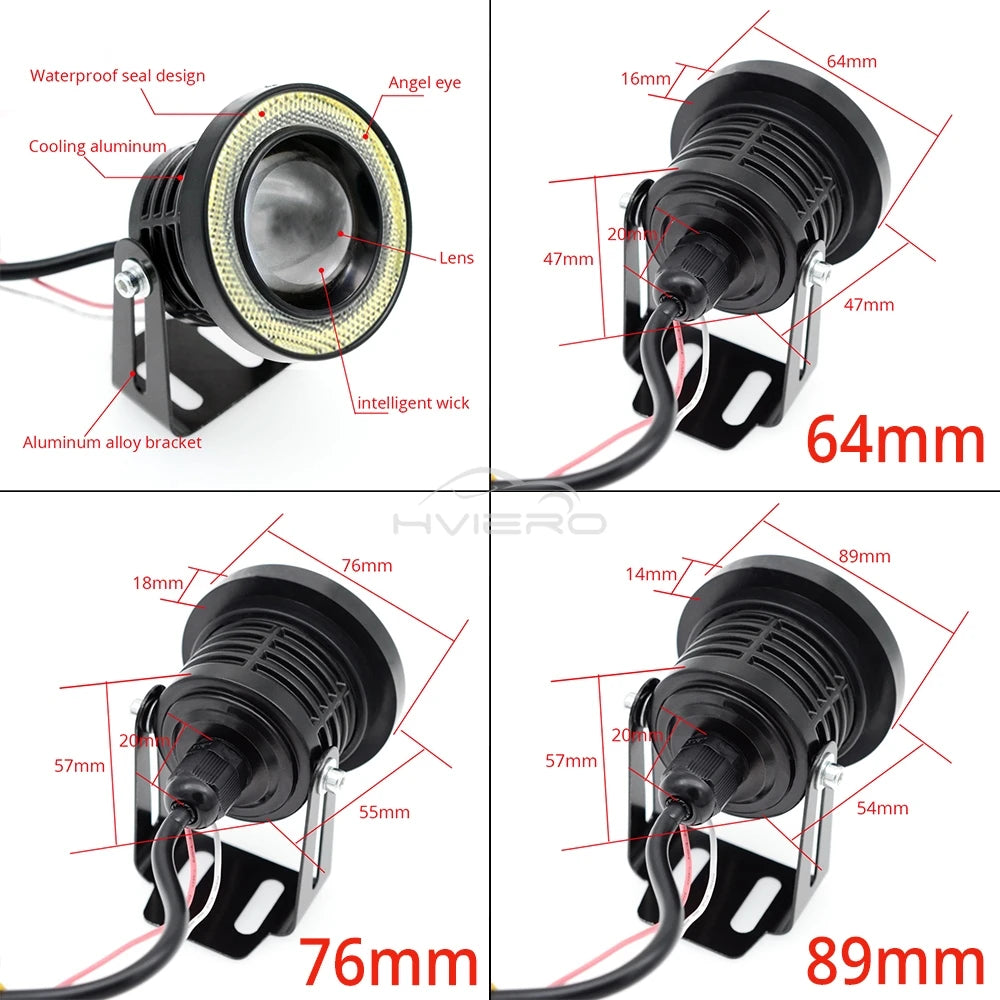 Set 2 Pezzi Fendinebbia LED COB Angel Eyes per Auto Luce diurna DRL – Impermeabile – 64mm / 76mm / 89mm – 12V – Universale