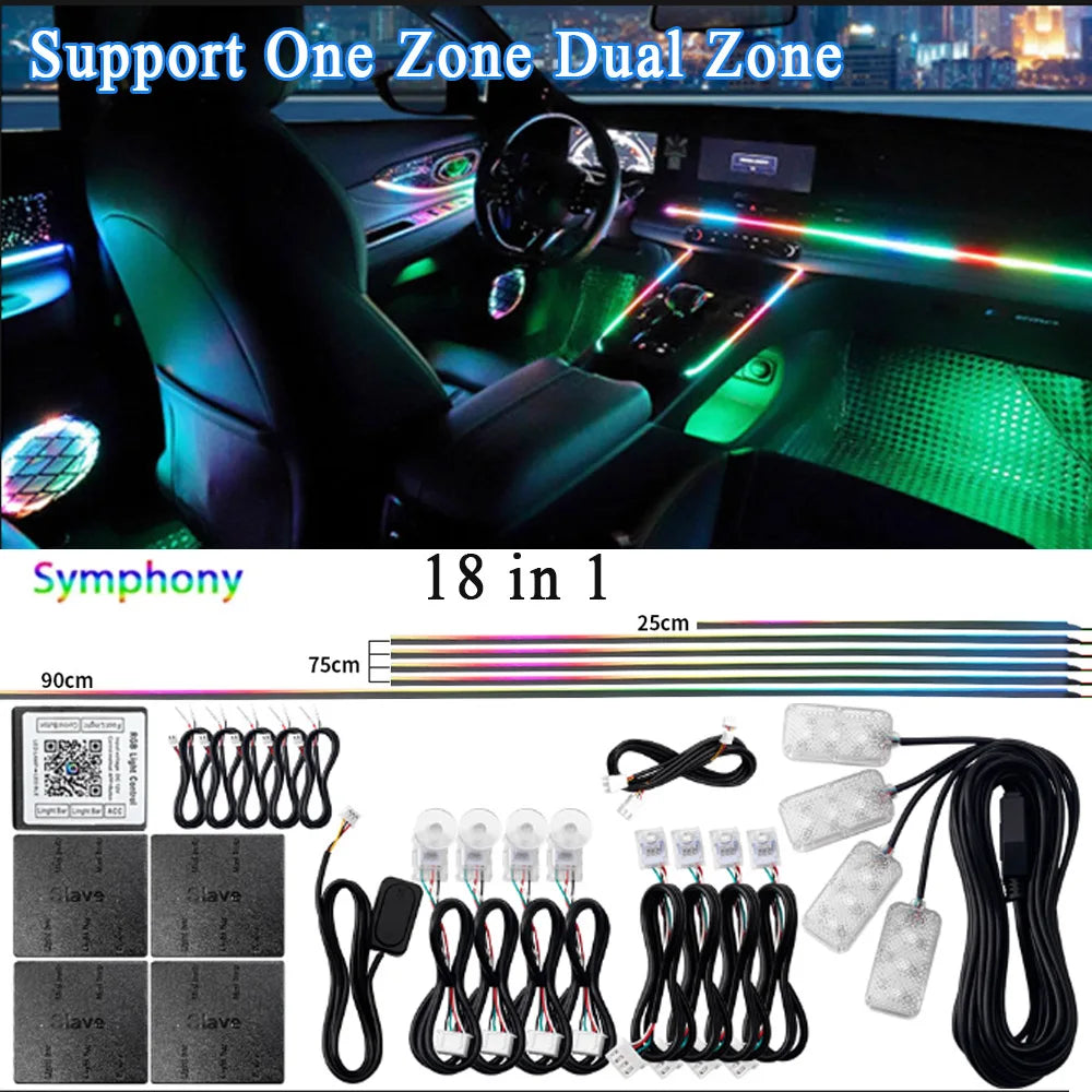 Luce Ambiente Acrilica LED per Auto RGB - 14/18 in 1 213 Colori - Modalità Symphony - Controllo APP - Una/Due Zone