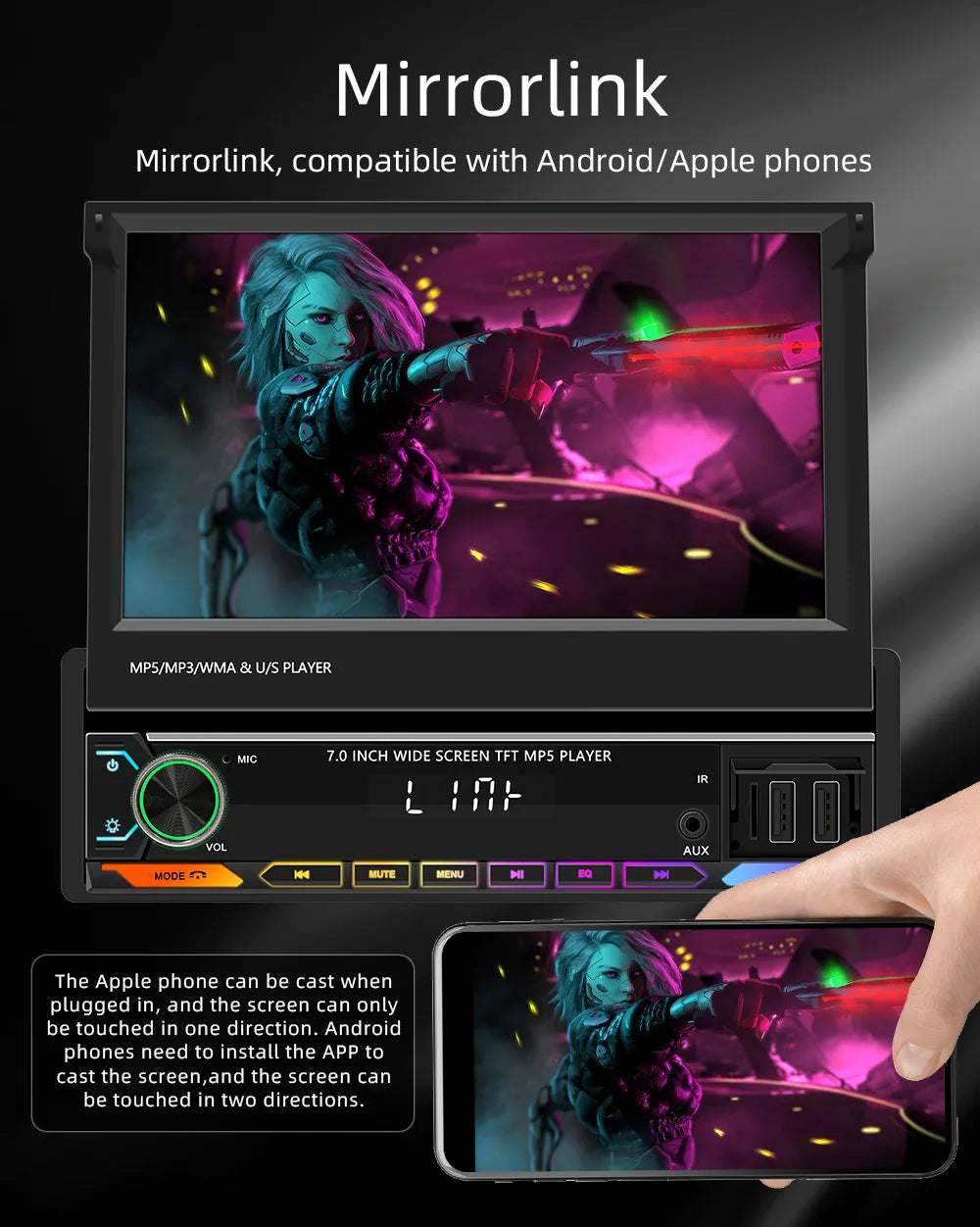 Autoradio 1 Din MP5 con Schermo Retrattile da 7"