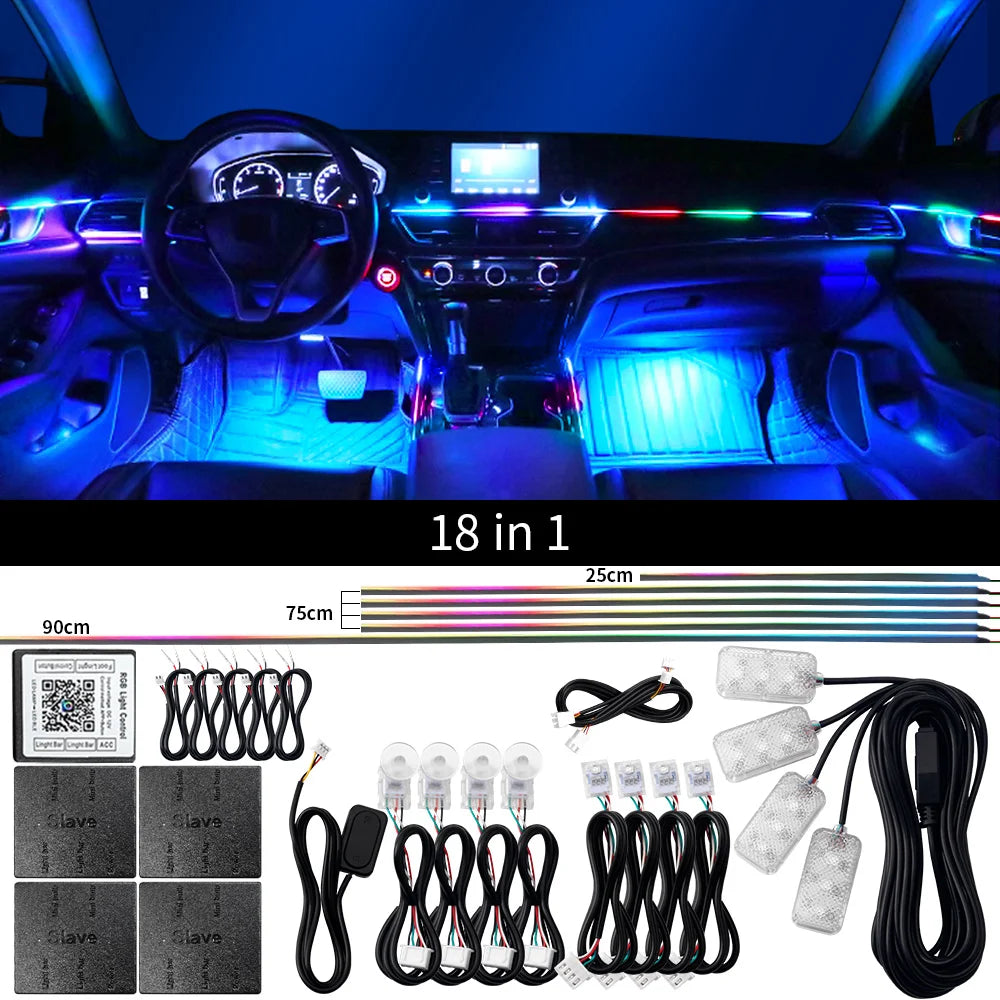 Kit Luci LED Ambientali per Auto - 18 in 1 Dual Zone Symphony Streamer Illuminazione Interna RGB a Colori Completi con Strisce Acriliche e Controllo App
