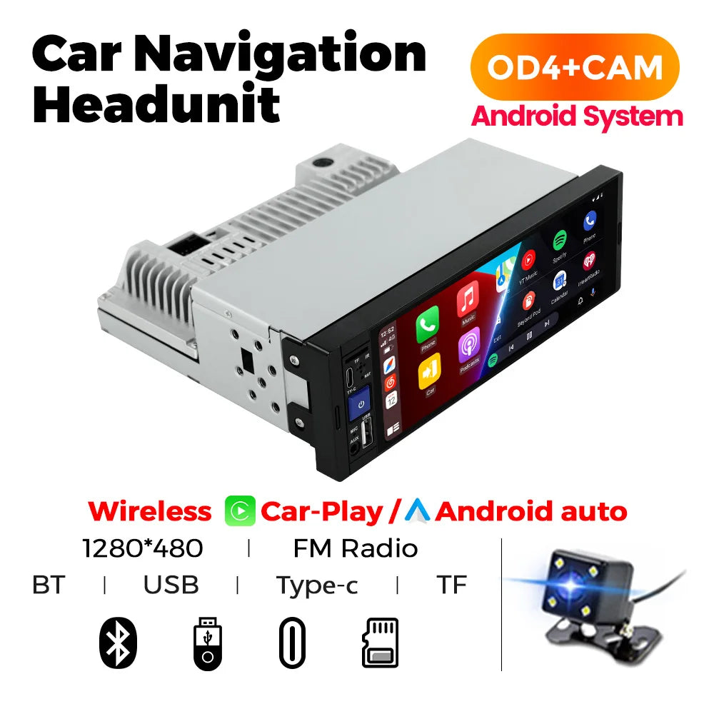 1Din Car Radio Multimedia Player MP5 Player con CarPlay (cablato e wireless), Android Auto, BT, FM, Mirror Link