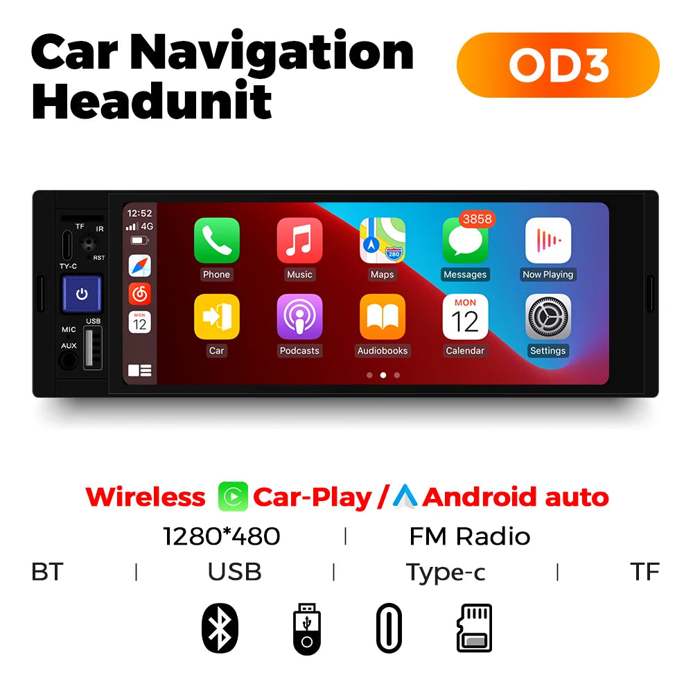 1Din Car Radio Multimedia Player MP5 Player con CarPlay (cablato e wireless), Android Auto, BT, FM, Mirror Link