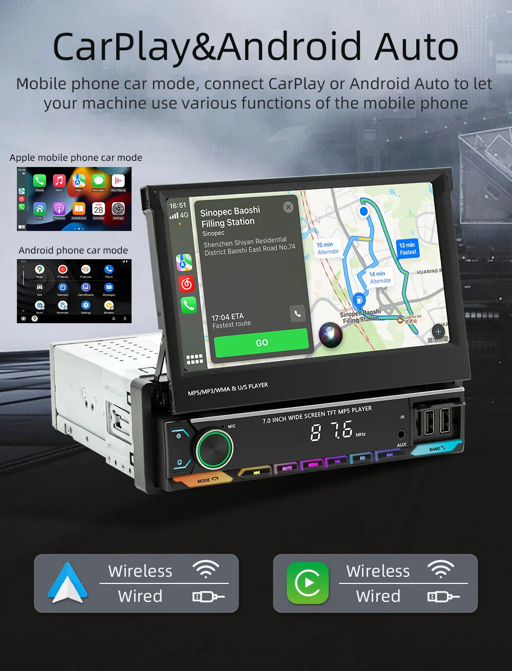 Autoradio 1 Din MP5 con Schermo Retrattile da 7"