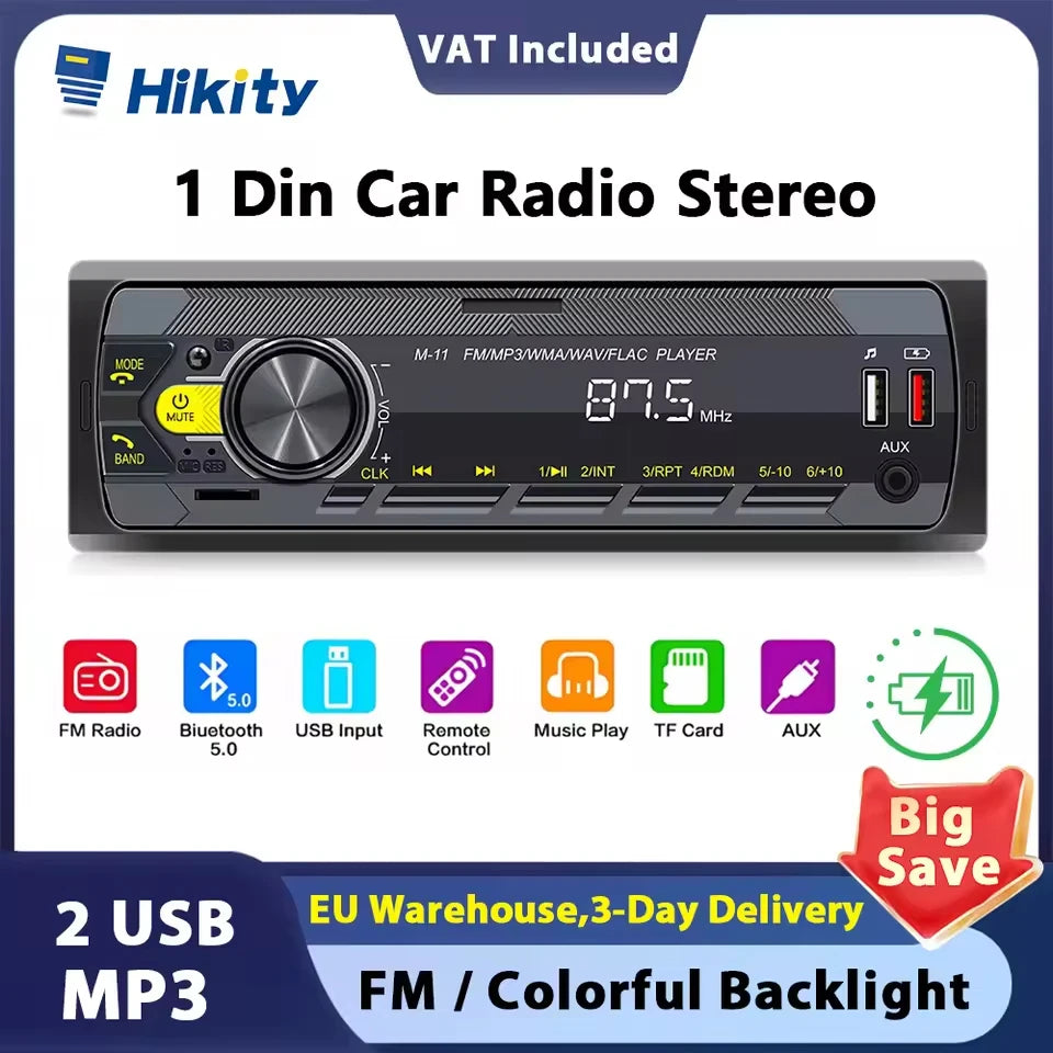 Hikity Universal 1DIN Car MP3 Player Bluetooth Radio Stereo Radio AM/FM, Bluetooth, Supporto USB/SD/AUX-IN, Push to Talk Assistant