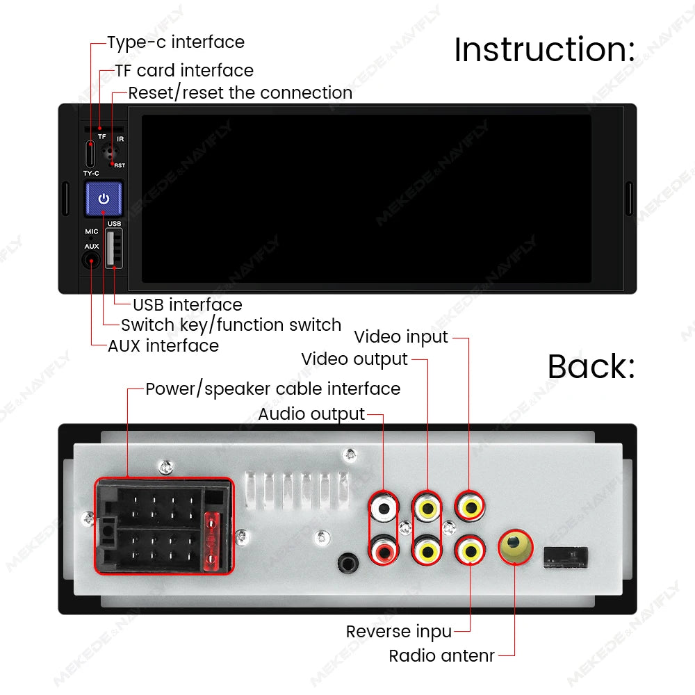 1Din Car Radio Multimedia Player MP5 Player con CarPlay (cablato e wireless), Android Auto, BT, FM, Mirror Link