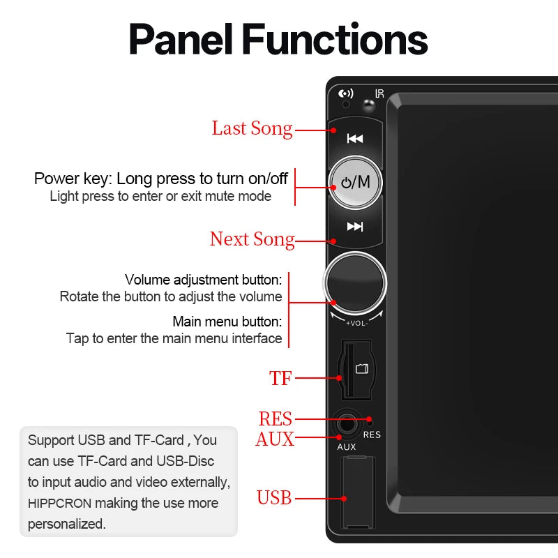 HIPPCRON Autoradio 1 DIN con Schermo Touch da 7" HD Stereo Multimediale MP5 Universale con MirrorLink, FM, USB, Bluetooth, Scheda TF e Ingresso AUX