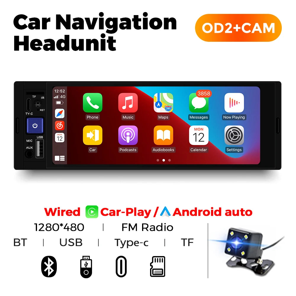 1Din Car Radio Multimedia Player MP5 Player con CarPlay (cablato e wireless), Android Auto, BT, FM, Mirror Link