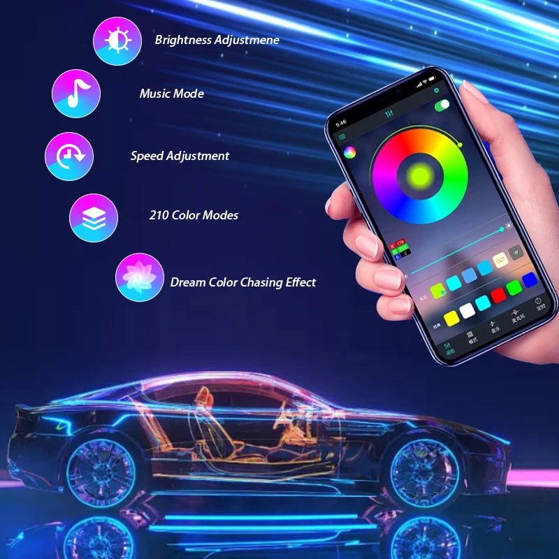 Striscia luminosa flessibile per auto a LED sottoscocca con controllo remoto tramite APP, luci al neon RGB, decorazione per auto, lampada per atmosfera ambientale