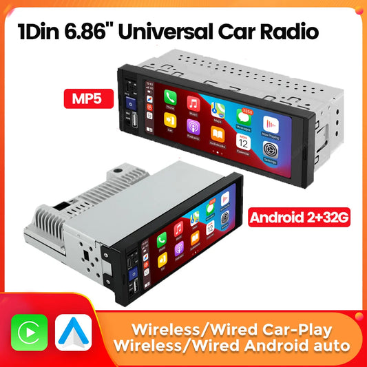 1Din Car Radio Multimedia Player MP5 Player con CarPlay (cablato e wireless), Android Auto, BT, FM, Mirror Link