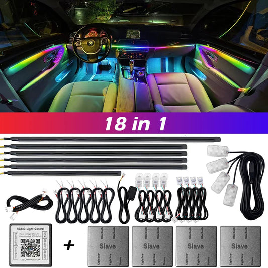 Kit Luci LED Ambientali per Auto - 18 in 1 Dual Zone Symphony Streamer Illuminazione Interna RGB a Colori Completi con Strisce Acriliche e Controllo App