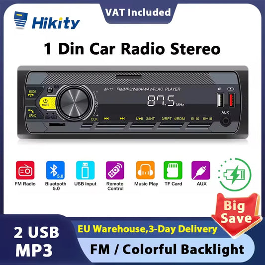Hikity Universal 1DIN Car MP3 Player Bluetooth Radio Stereo Radio AM/FM, Bluetooth, Supporto USB/SD/AUX-IN, Push to Talk Assistant