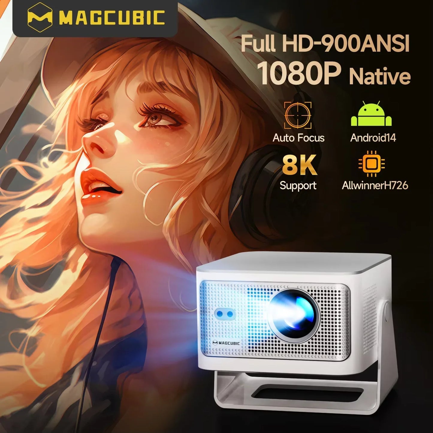 Proiettore Magcubic HY350Max Autofocus: Android 14, 4K, 900 ANSI Lumen, Nativo 1080P (Supporto 8K), WiFi 6, BT 5.4, 16GB, Allwinner H726, Portatile
