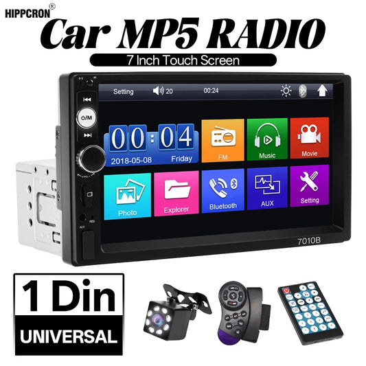 HIPPCRON Autoradio 1 DIN con Schermo Touch da 7" HD Stereo Multimediale MP5 Universale con MirrorLink, FM, USB, Bluetooth, Scheda TF e Ingresso AUX
