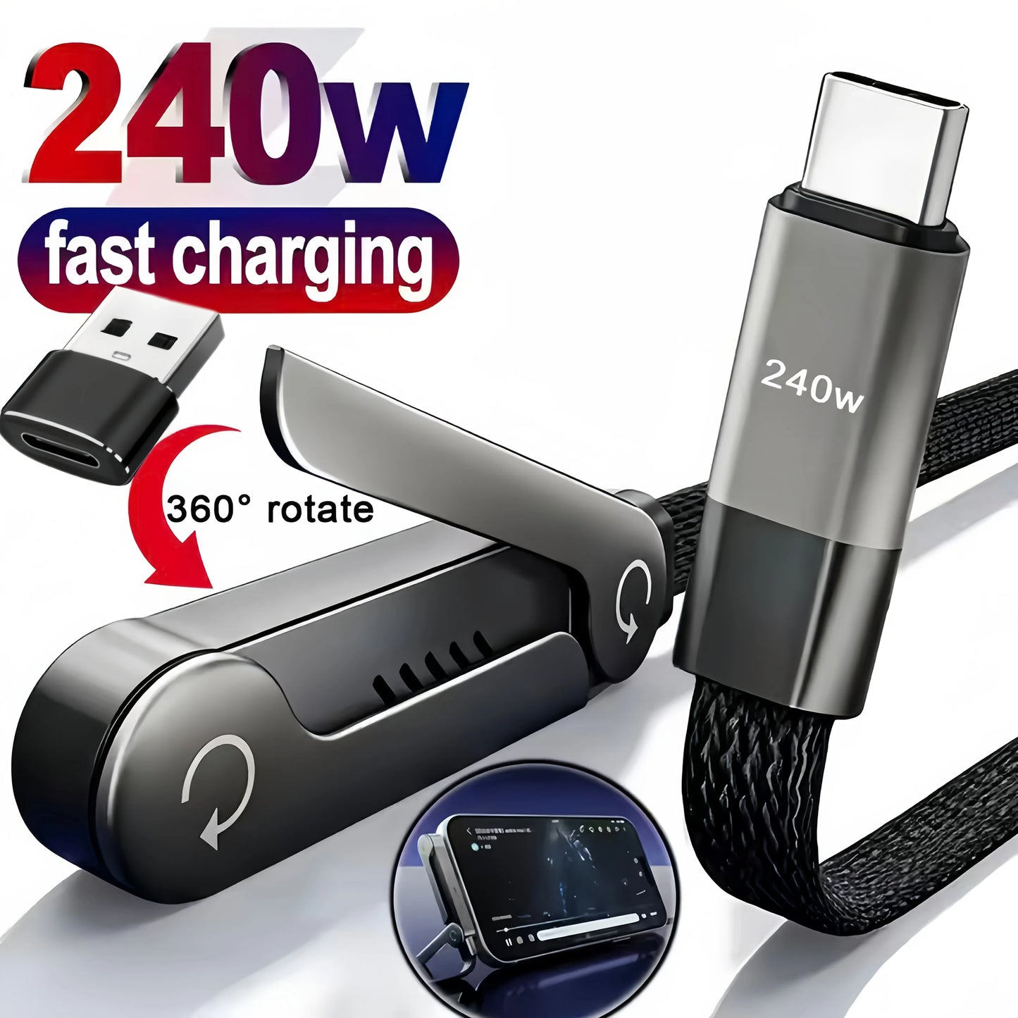 Cavo di Ricarica Pieghevole con Supporto Integrato: Ricarica Ultra-Rapida 240W e Trasmissione Dati per Smartphone e Tablet