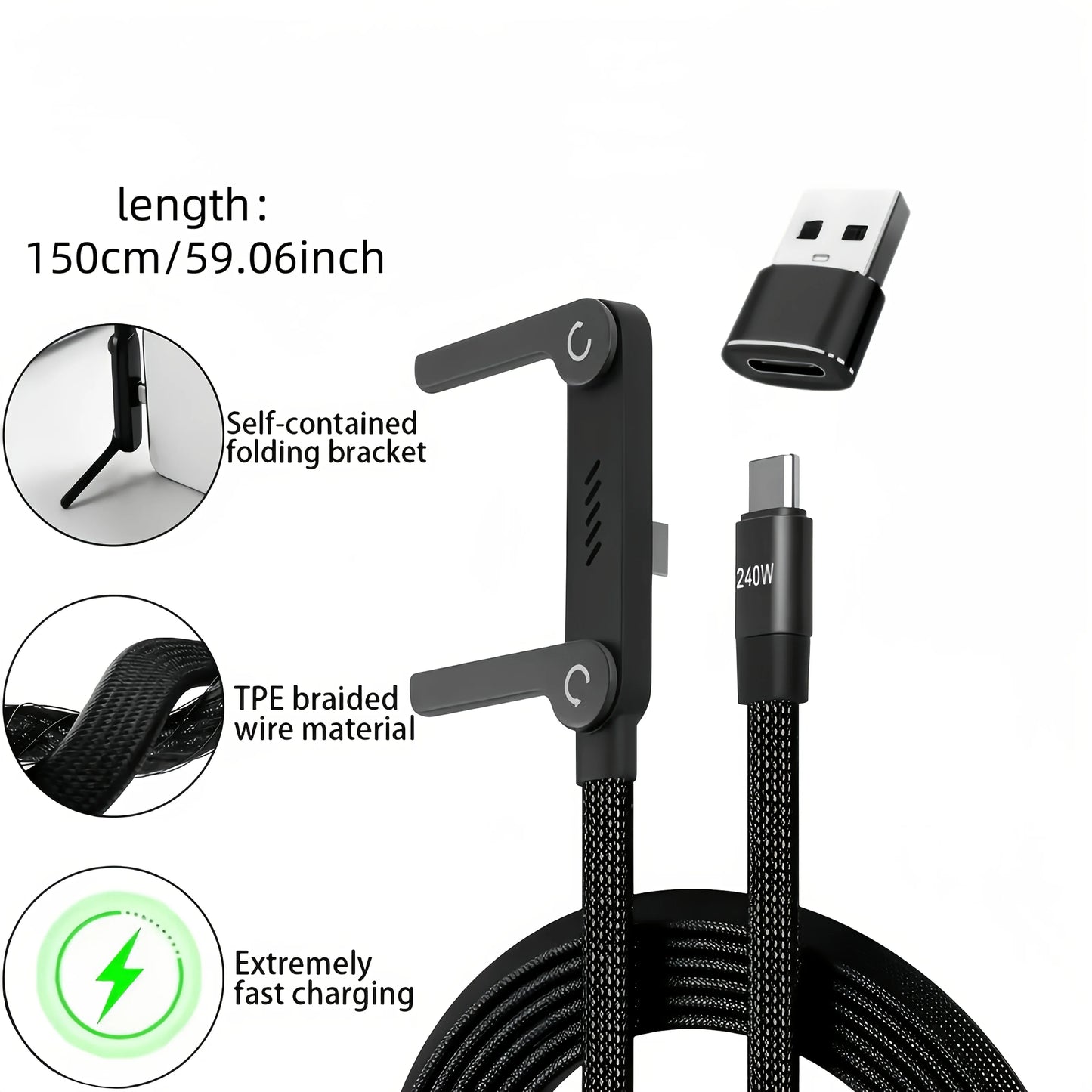 Cavo di Ricarica Pieghevole con Supporto Integrato: Ricarica Ultra-Rapida 240W e Trasmissione Dati per Smartphone e Tablet